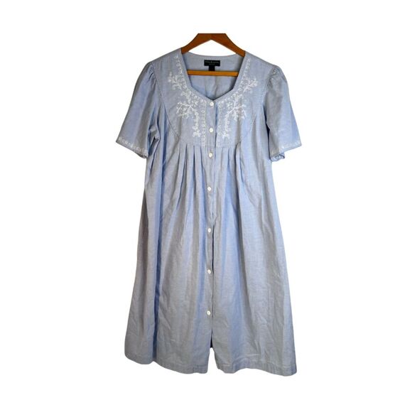 Miss Elaine Relax Vintage 100% Cotton Blue Snap Button Sleep Dress Pajama Large - Picture 1 of 11
